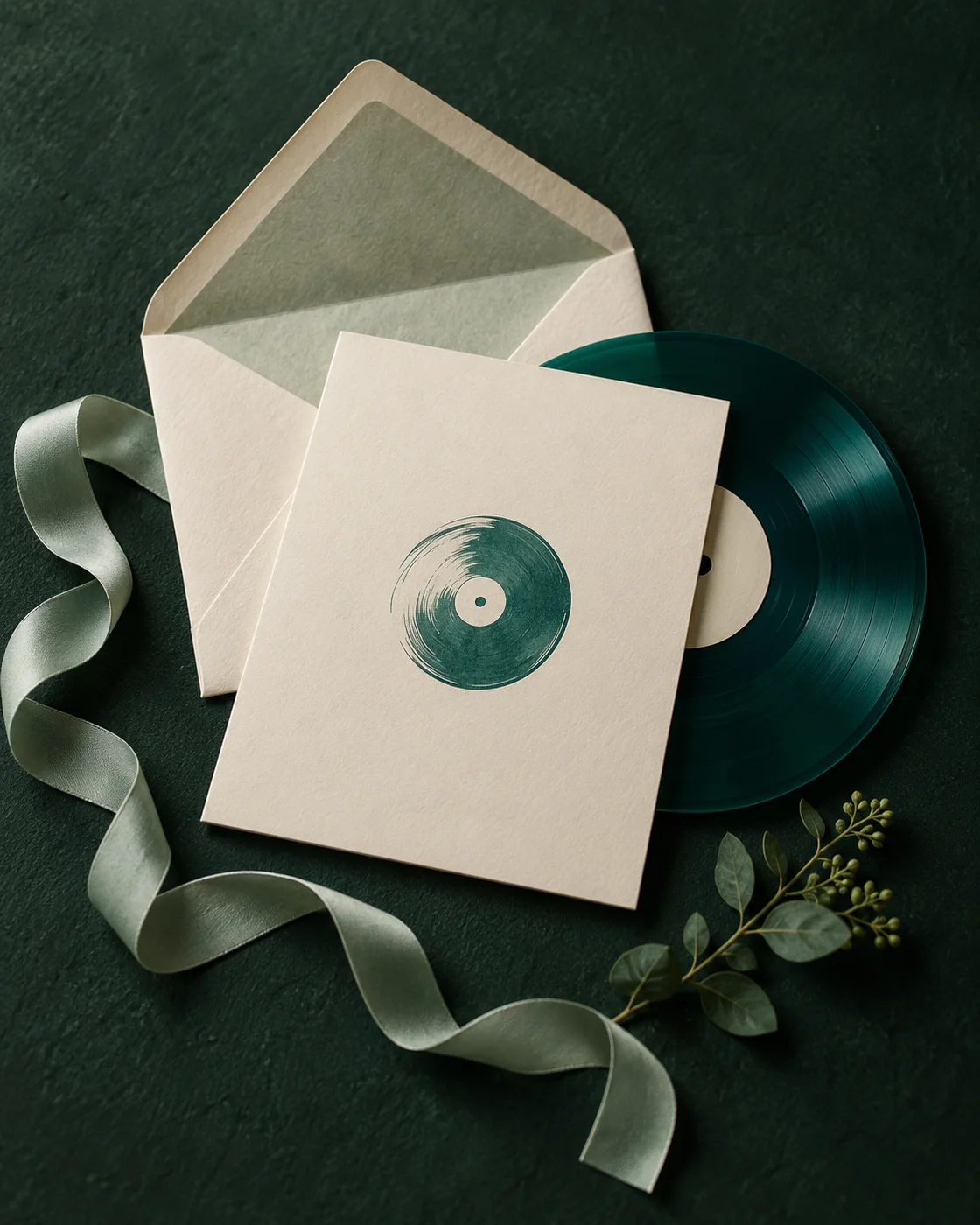 A cream gift envelope and dedication card with a teal record and sage ribbon
